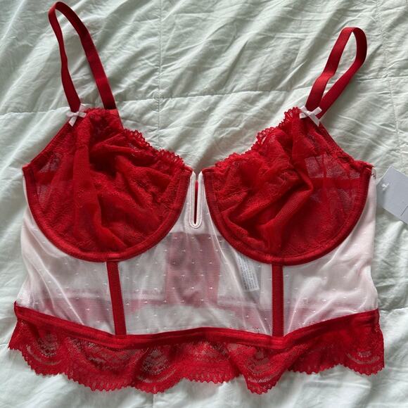 Auden Mesh Longline Red and White Fairycore Coquette Lace Camisole Size Large - Picture 1 of 5